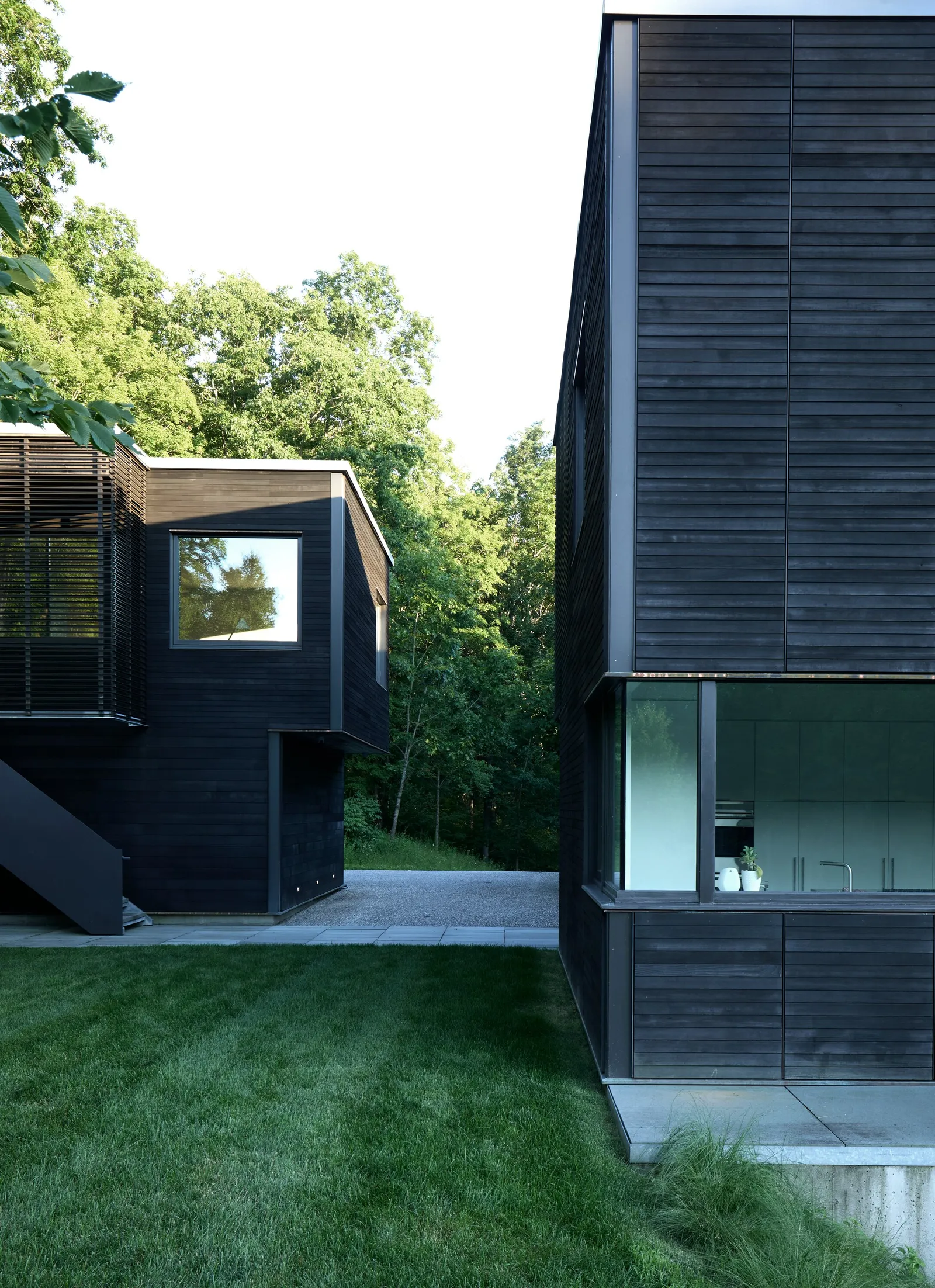 two dark wood volumes with a lawn between them and trees behind; one has a louvered upper level