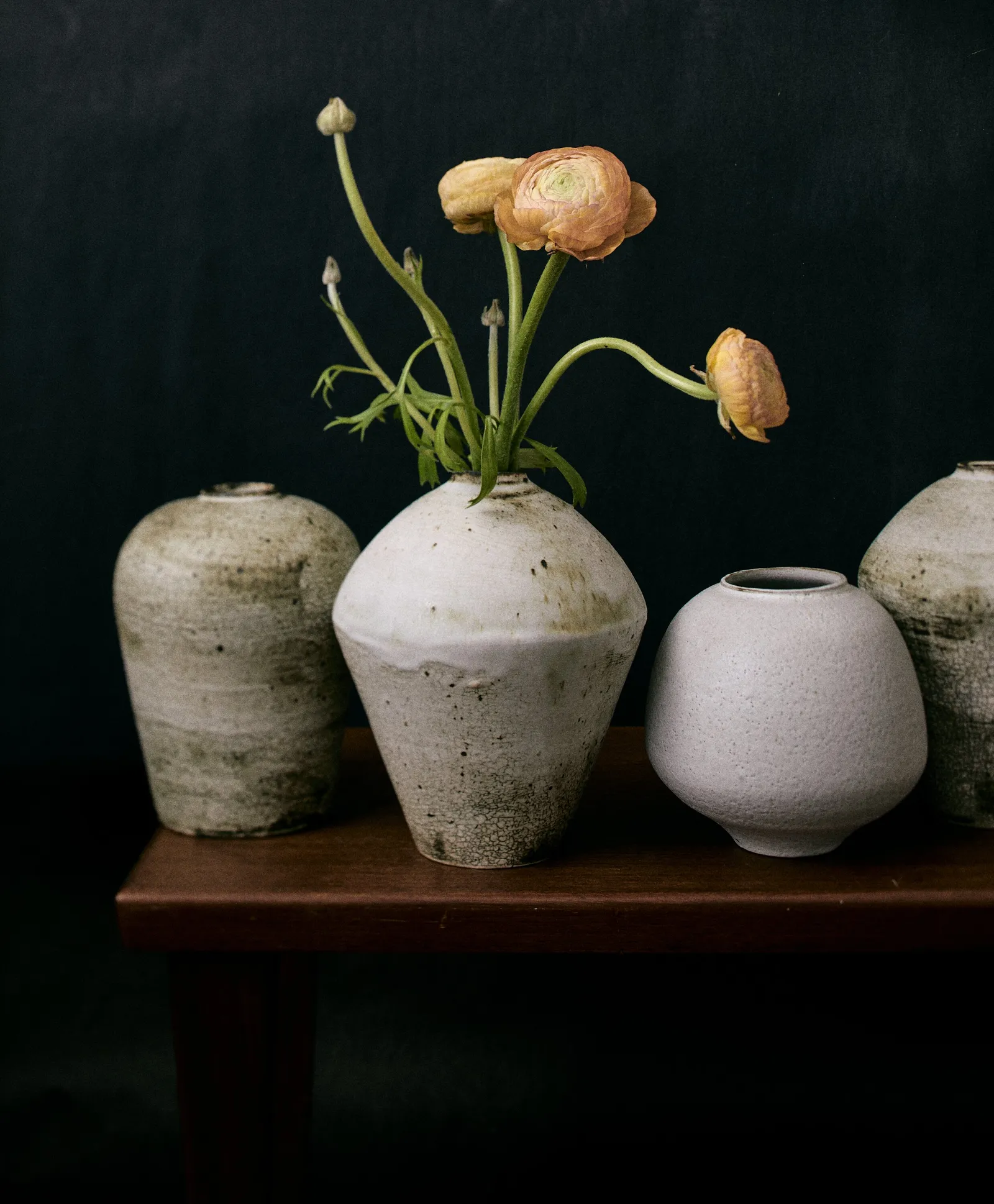 four pale white and mottled grey vases on a dark wood bench, with orange ranunculus rising from the tallest, against a dark wall
