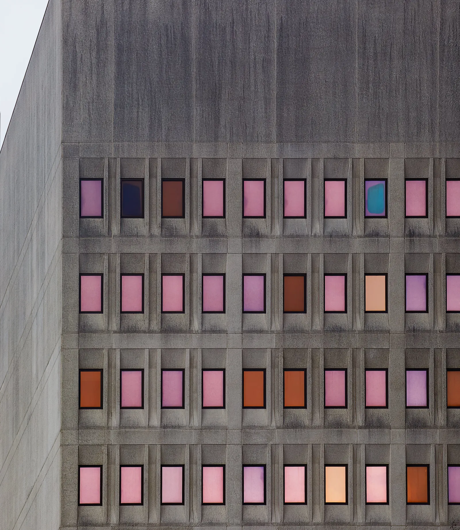 gray concrete building wall with rows of small recessed windows glowing pink, lavender and orange